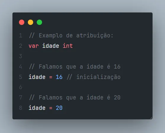 Exemplo de atribuição e inicialização na linguagem Go